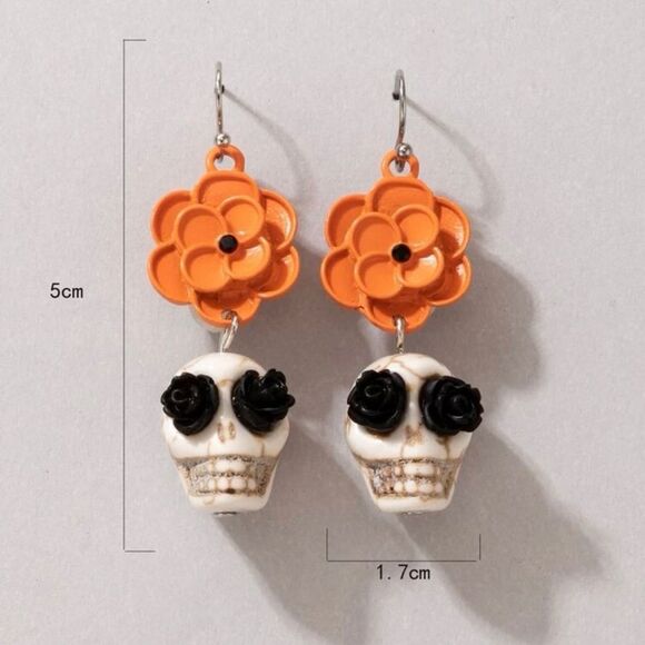 Gothcore Funky Flower Catrina Sugar Skull Dangle Earrings - Picture 6 of 7